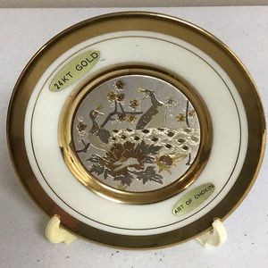 24K Gold Art of Chokin Decor Plate with Peacocks in Center
